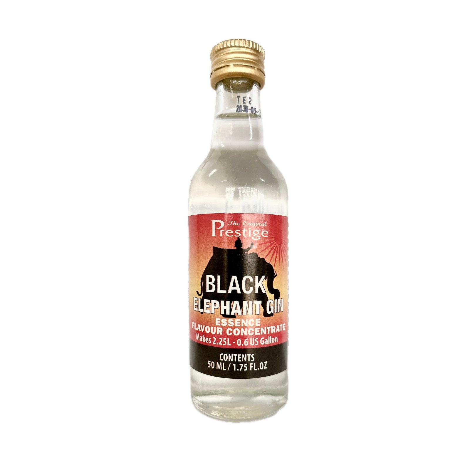 Prestige Black Elephant Gin 50ml flavour essence bottle on a white background.